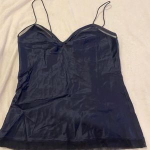 Navy silk tank top with lace detail